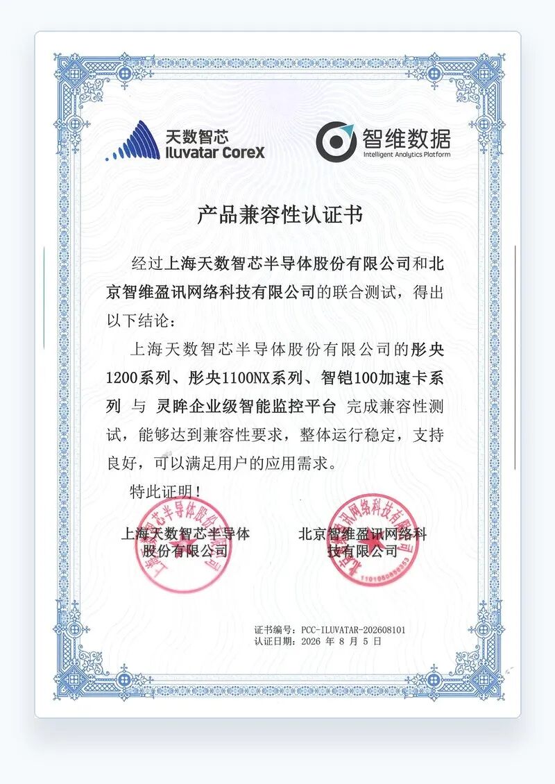 智维数据灵眸×天数智芯完成兼容性认证，共筑国产智能运维算力底座正文配图